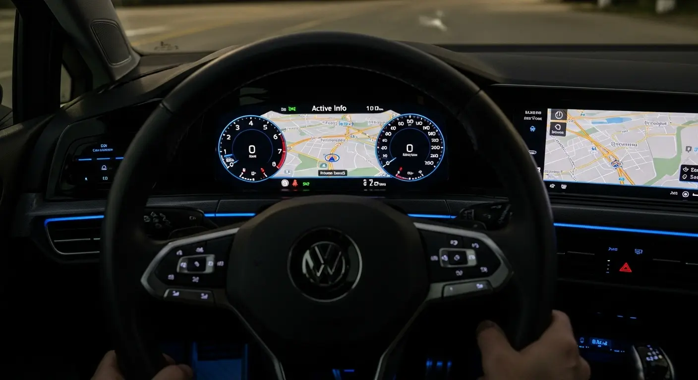 Volkswagen Golf 7.5 Highline modelinin 'Hayalet Gösterge' olarak bilinen Active Info Display dijital kokpitinin yakın çekimi.
