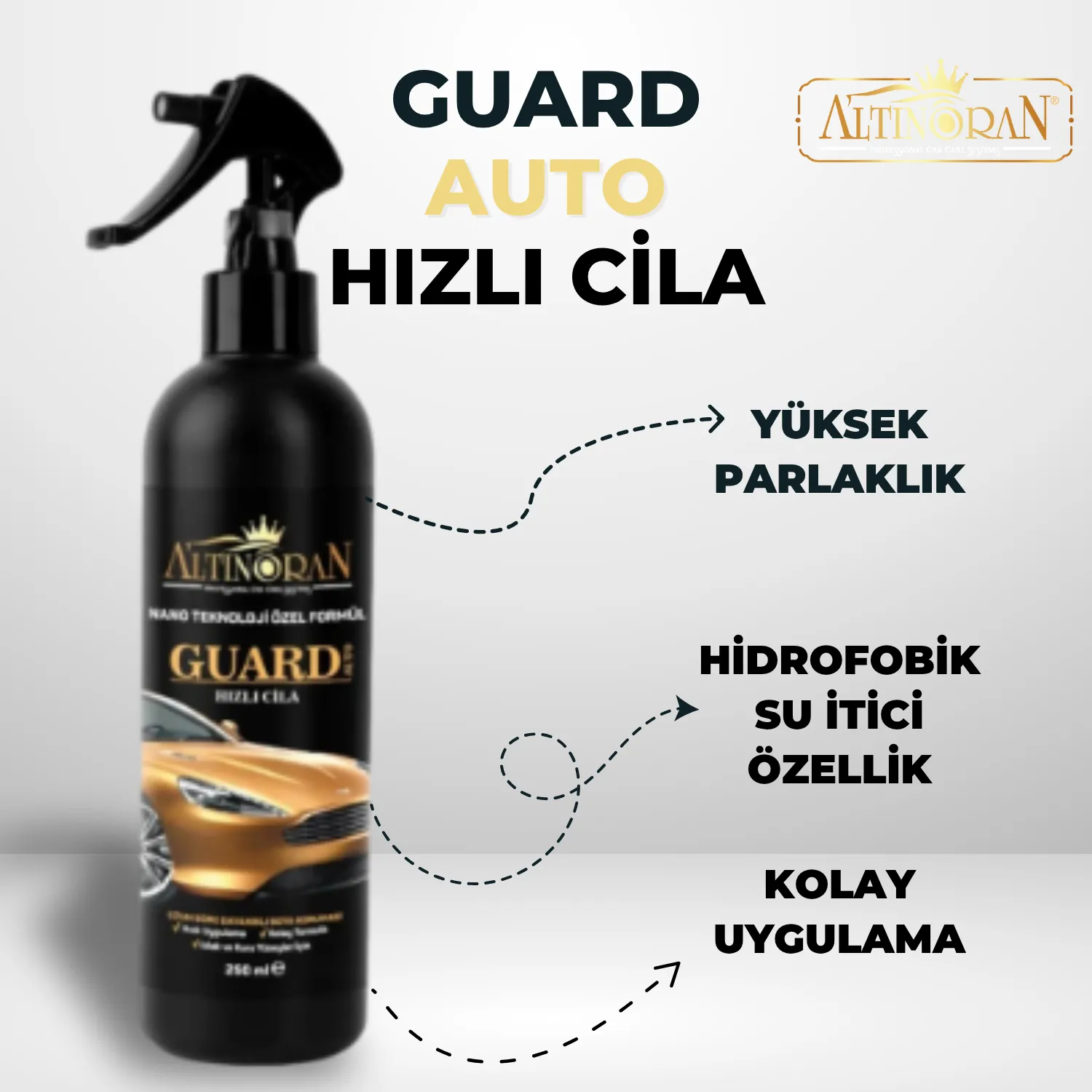 Altınoran Gold Class Ceramic Wax ve Guard Hızlı Cila ürünlerinin bir arada olduğu, parlaklık odaklı araç bakım seti.-Altınoran Gold Class Wax'ın yüksek parlaklık, 15 yıkamaya kadar kalıcılık ve kolay uygulama gibi faydalarını gösteren tanıtım görseli.-Guard Auto Hızlı Cila sprey ürününün yüksek parlaklık, hidrofobik su itici özellik ve kolay uygulama gibi avantajlarını gösteren görsel.-Altınoran Gold Class Wax ve Guard Hızlı Cila setinin 2X yüksek parlaklık, su iticilik ve güneş yanığından koruma gibi ortak faydalarını listeleyen tanıtım görseli.
