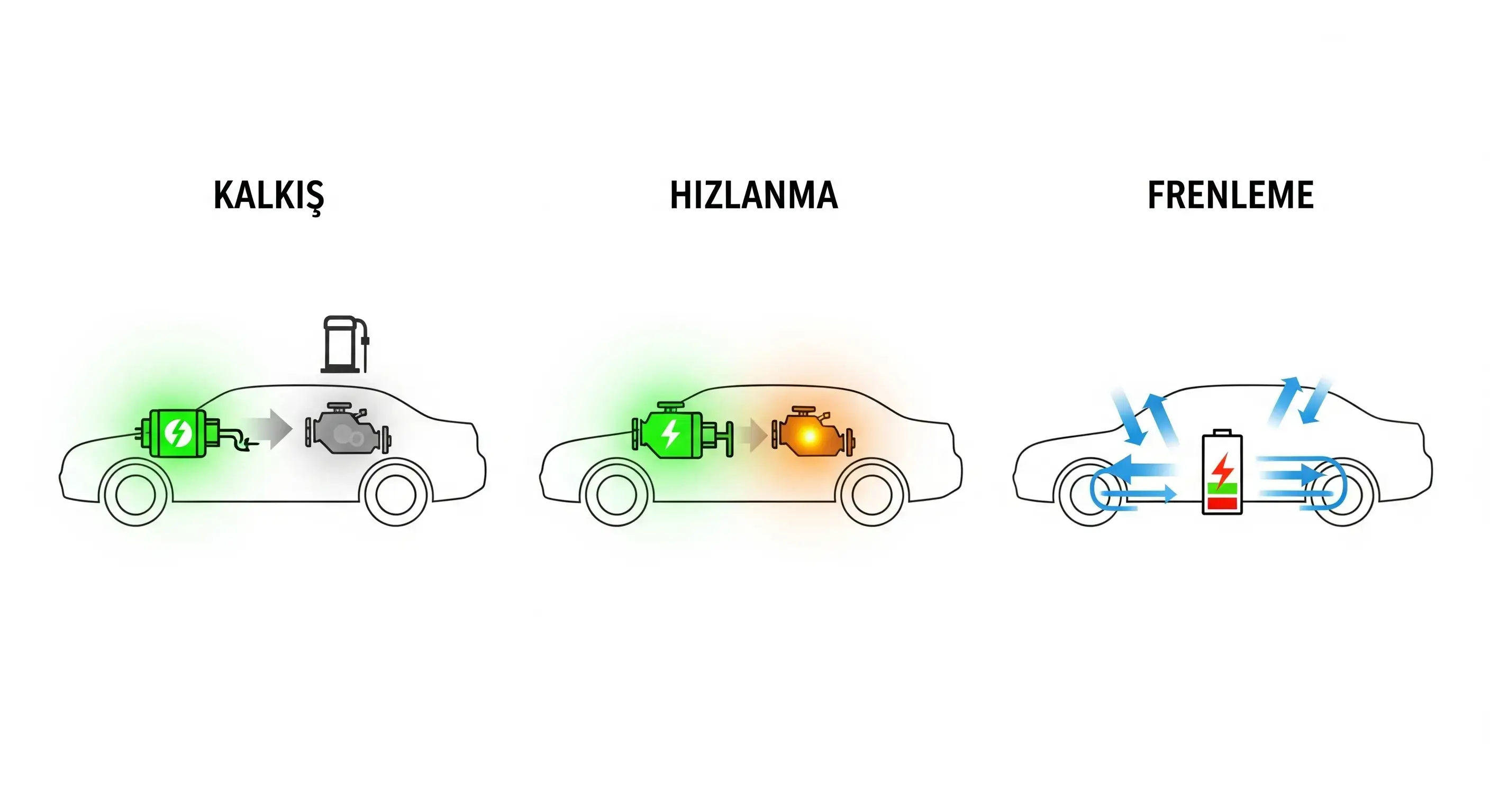Bir hibrit arabanın kalkış, hızlanma ve frenleme anlarında hangi motoru kullandığını gösteren bir infografik