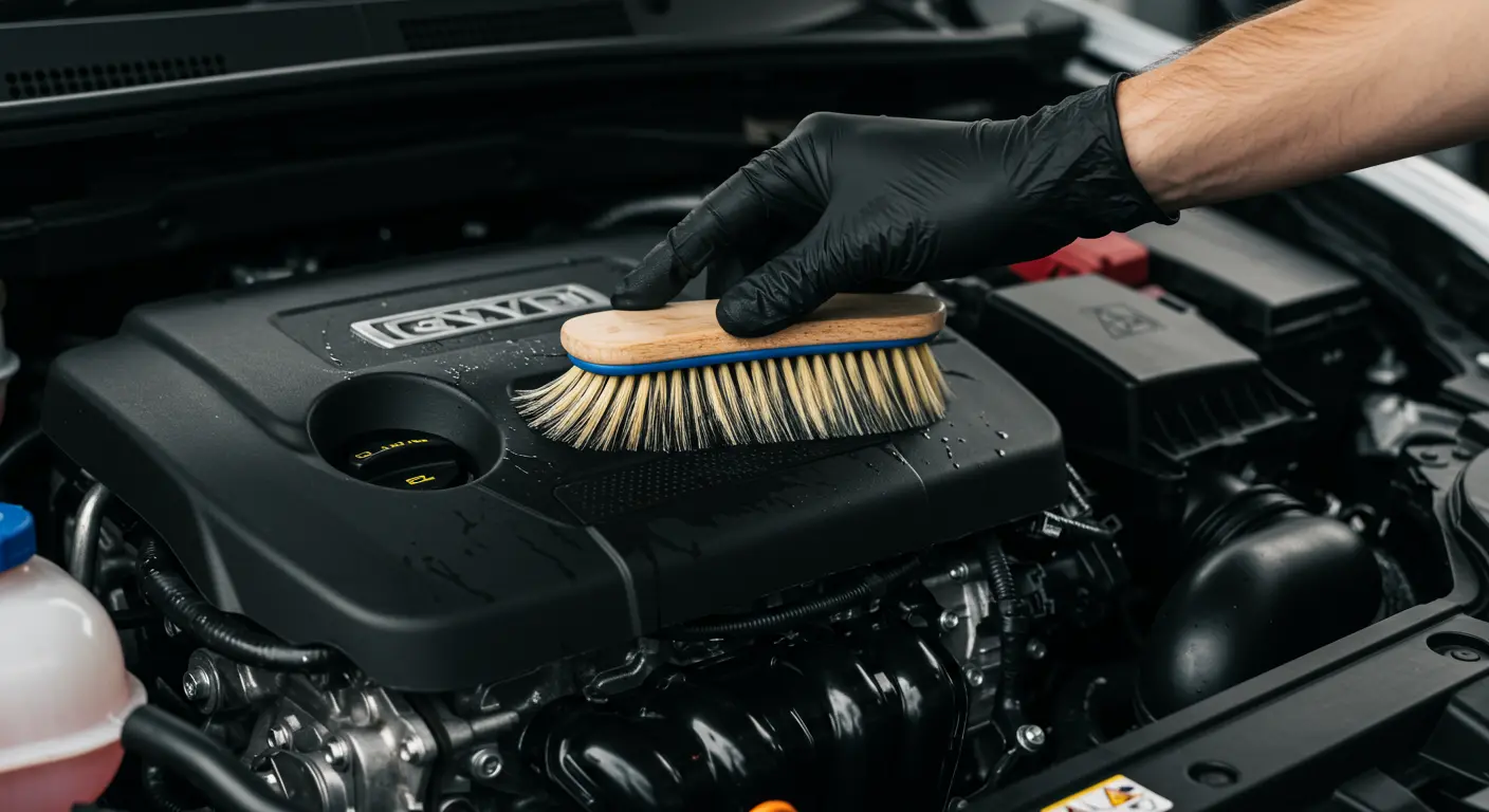 Susuz motor temizleme spreyi ile temizlenen parlak arac motoru