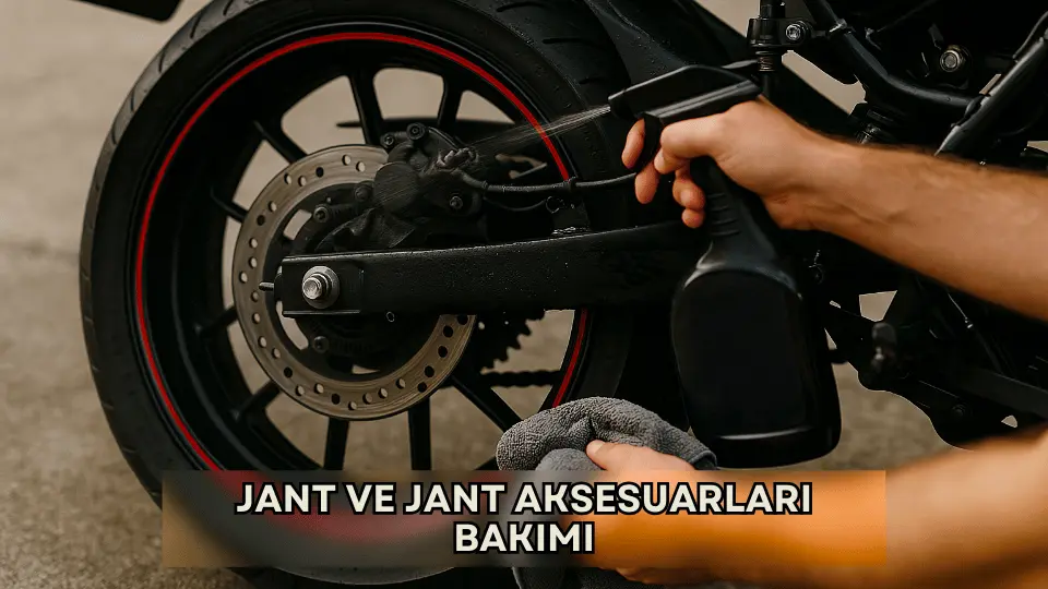 Jant ve aksesuarların temizlenmesi için spray şişe ve temizleyici kullanılarak yapılan bakım işlemi.