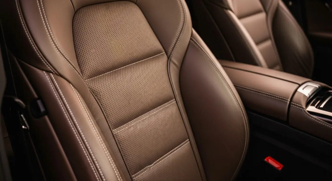 Passat Elegance paketinin lüks Varenna deri koltuklarının yakın plan detayı, dikiş işçiliği ve kalitesi vurgulanıyor.