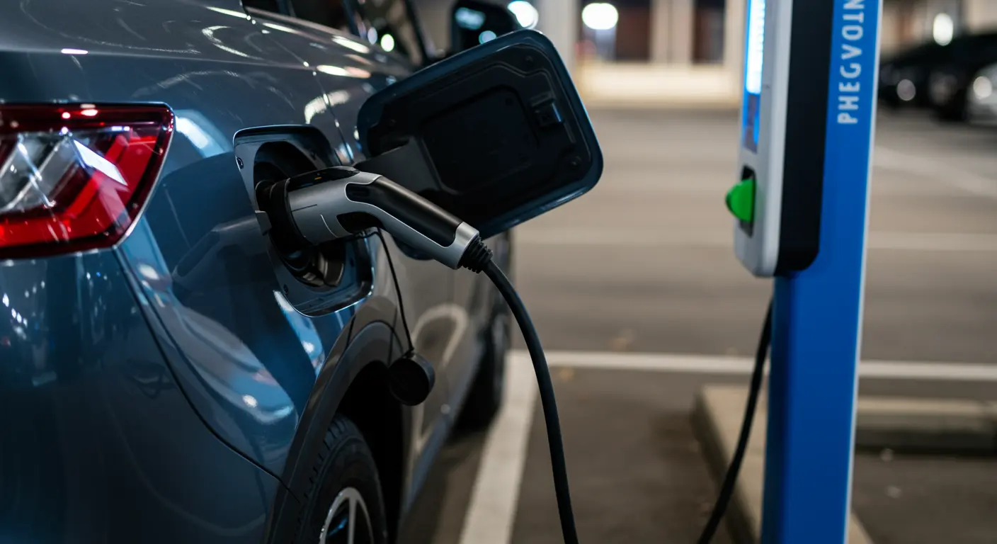 Bir Plug-in Hybrid aracın halka açık bir istasyonda şarj kablosuyla şarj edilmesi.