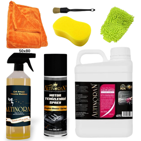 Altınoran profesyonel araba yıkama seti ve 5kg şampuan-Altınoran cilalı oto şampuan-1200 gsm mikrofiber oto kurulama bezi ile araba kurulama-Susuz motor temizleme spreyi ile araba motoru temizliği
