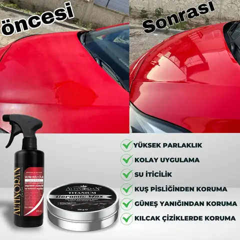 Altınoran Titanium Seramik Wax krem cila ve Altınoran Ultra Hızlı Cila sprey ürünlerinin bir arada olduğu paket görseli.-Altınoran Titanium Seramik Wax ürününün faydalarını anlatan görsel. Yüksek parlaklık, güneş yanıklarına karşı etki ve 10 yıkamaya kadar kalıcılık özellikleri vurgulanmıştır.-Altınoran Ultra Hızlı Cila ürününün yüksek parlaklık, hidrofobik su iticilik ve kolay uygulama gibi özelliklerini gösteren tanıtım görseli.-Kırmızı bir araba kaputunda Altınoran seramik cila ve hızlı cila 