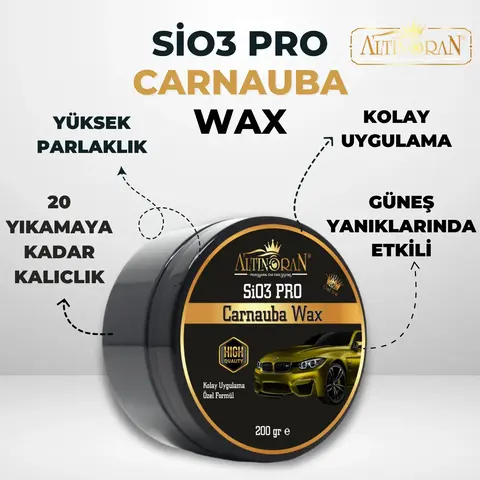 Altınoran SiO3 Pro Carnauba Wax ve Altınoran Ultra Hızlı Cila ürünlerinin bir arada olduğu profesyonel boya koruma ve parlaklık seti görseli.-Altınoran SiO3 Pro Carnauba Wax ürününün faydalarını gösteren görsel. Yüksek parlaklık, 20 yıkamaya kadar kalıcılık ve güneş yanıklarında etki gibi özellikler vurgulanmaktadır.-Altınoran Ultra Hızlı Cila ürününün yüksek parlaklık, hidrofobik su iticilik ve kolay uygulama gibi özelliklerini gösteren tanıtım görseli.-Gümüş renkli bir arabanın güneş yanığı olan kaputunun Altınoran SiO3 Pro Wax ve Hızlı Cila seti ile yenilenmiş hali. Uygulama sonrası mat yüzeyin yüksek parlaklığa ulaştığı görülmektedir.