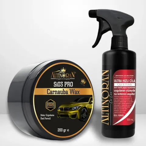 Altınoran SiO3 Pro Carnauba Wax ve Altınoran Ultra Hızlı Cila ürünlerinin bir arada olduğu profesyonel boya koruma ve parlaklık seti görseli.-Altınoran SiO3 Pro Carnauba Wax ürününün faydalarını gösteren görsel. Yüksek parlaklık, 20 yıkamaya kadar kalıcılık ve güneş yanıklarında etki gibi özellikler vurgulanmaktadır.-Altınoran Ultra Hızlı Cila ürününün yüksek parlaklık, hidrofobik su iticilik ve kolay uygulama gibi özelliklerini gösteren tanıtım görseli.-Gümüş renkli bir arabanın güneş yanığı olan kaputunun Altınoran SiO3 Pro Wax ve Hızlı Cila seti ile yenilenmiş hali. Uygulama sonrası mat yüzeyin yüksek parlaklığa ulaştığı görülmektedir.