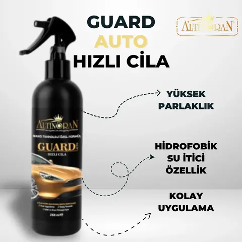 Altınoran Gold Class Ceramic Wax ve Guard Hızlı Cila ürünlerinin bir arada olduğu, parlaklık odaklı araç bakım seti.-Altınoran Gold Class Wax'ın yüksek parlaklık, 15 yıkamaya kadar kalıcılık ve kolay uygulama gibi faydalarını gösteren tanıtım görseli.-Guard Auto Hızlı Cila sprey ürününün yüksek parlaklık, hidrofobik su itici özellik ve kolay uygulama gibi avantajlarını gösteren görsel.-Altınoran Gold Class Wax ve Guard Hızlı Cila setinin 2X yüksek parlaklık, su iticilik ve güneş yanığından koruma gibi ortak faydalarını listeleyen tanıtım görseli.