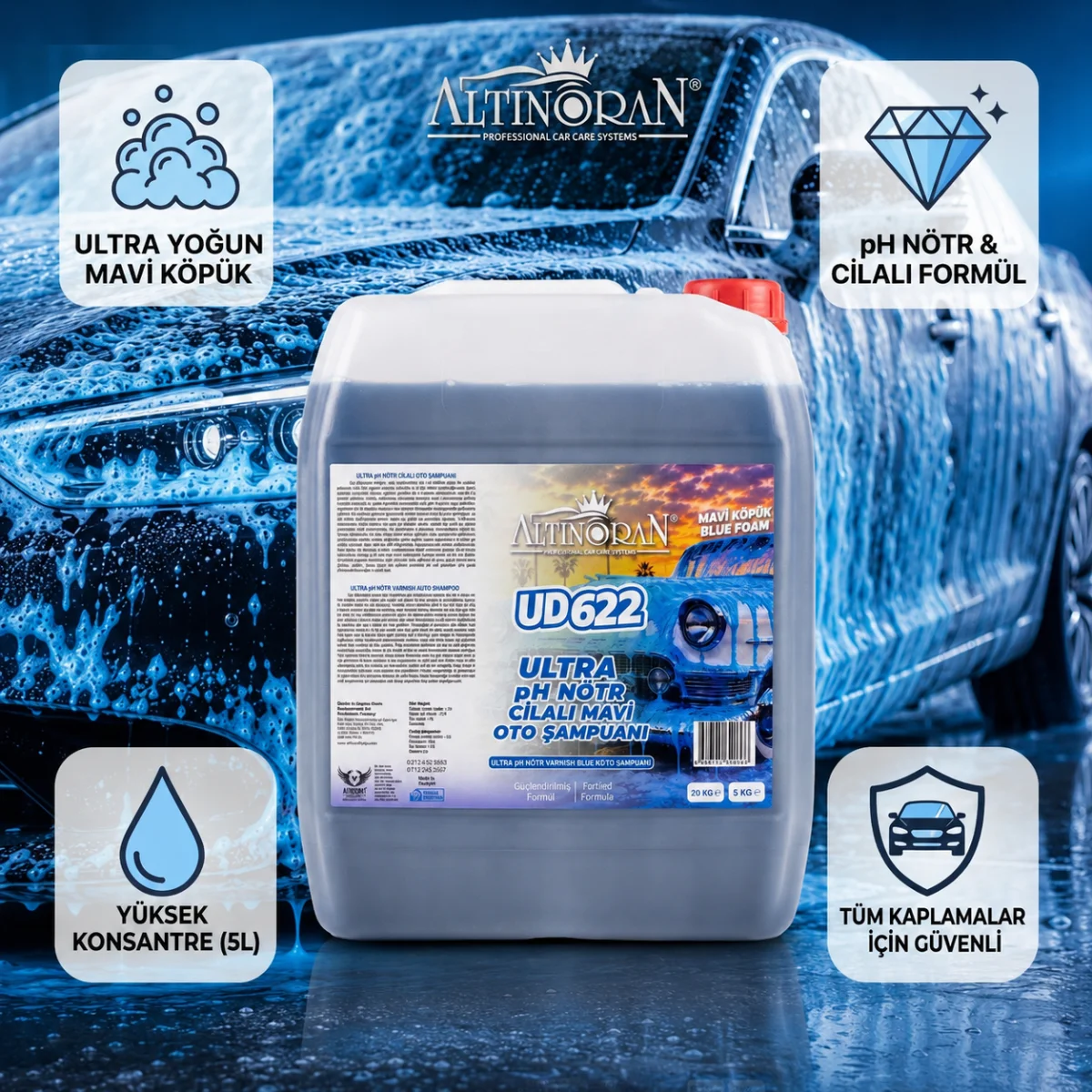 Altınoran UD622 Ultra pH Nötr Cilalı Mavi Oto Şampuanı 5L