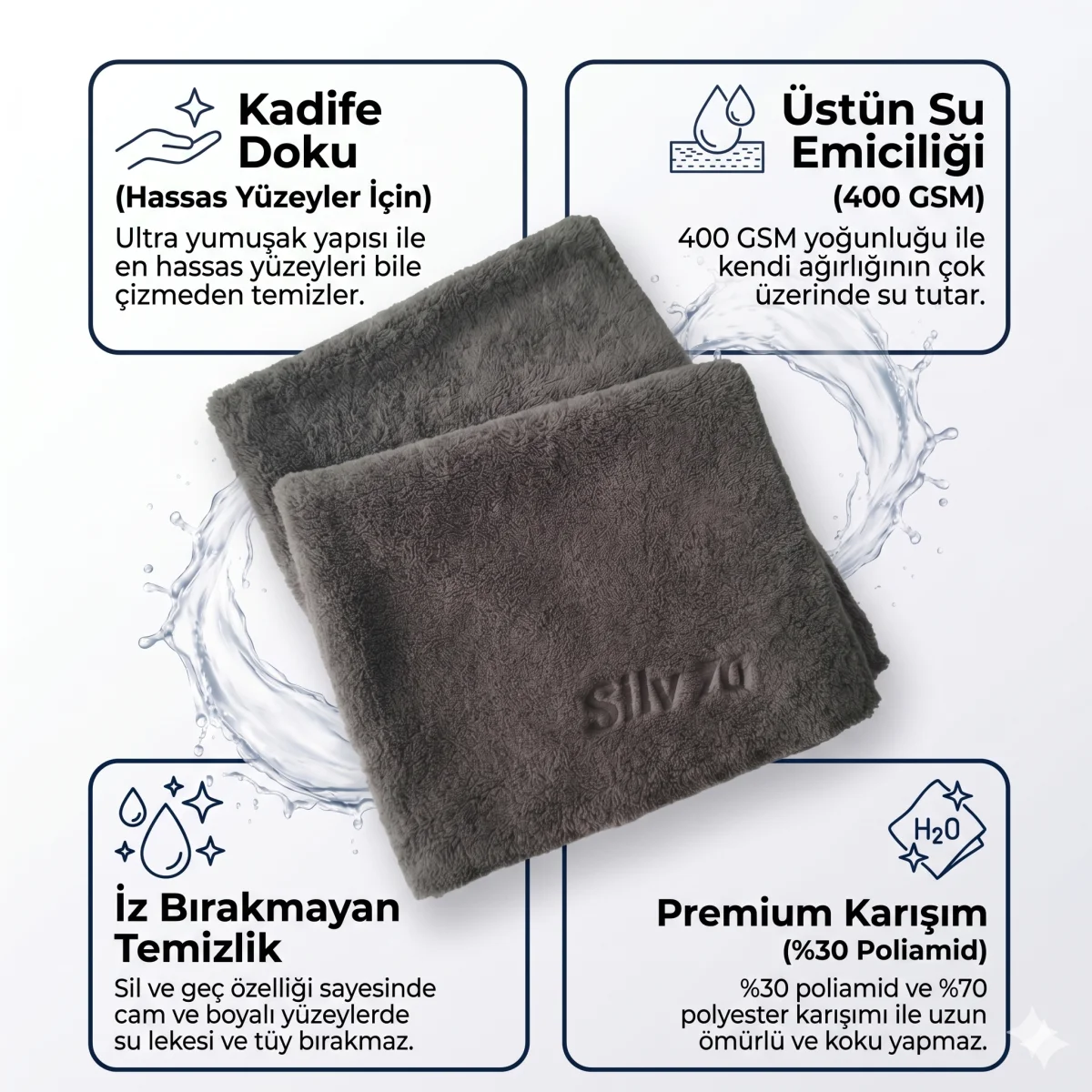 Silvia Premium 400 GSM Mikrofiber Oto Kurulama Ve Detaylandırma Bezi 40x40 cm - Kadife Dokulu Çizmez Parlatma Bezi