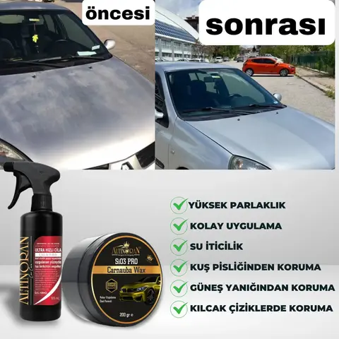 Altınoran SiO3 Pro Carnauba Wax ve Altınoran Ultra Hızlı Cila ürünlerinin bir arada olduğu profesyonel boya koruma ve parlaklık seti görseli.-Altınoran SiO3 Pro Carnauba Wax ürününün faydalarını gösteren görsel. Yüksek parlaklık, 20 yıkamaya kadar kalıcılık ve güneş yanıklarında etki gibi özellikler vurgulanmaktadır.-Altınoran Ultra Hızlı Cila ürününün yüksek parlaklık, hidrofobik su iticilik ve kolay uygulama gibi özelliklerini gösteren tanıtım görseli.-Gümüş renkli bir arabanın güneş yanığı olan kaputunun Altınoran SiO3 Pro Wax ve Hızlı Cila seti ile yenilenmiş hali. Uygulama sonrası mat yüzeyin yüksek parlaklığa ulaştığı görülmektedir.